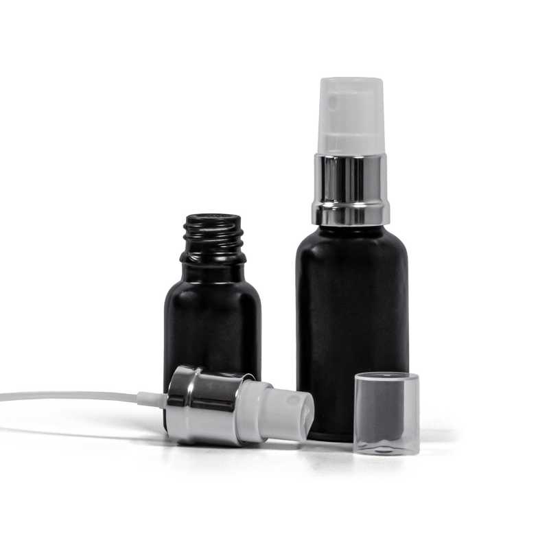 Flacon en verre noir mat, spray blanc argenté brillant, 15 ml