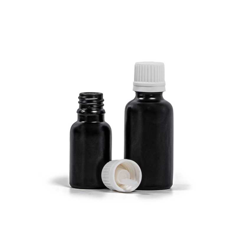 Flacon en verre noir mat, bouchon blanc inviolable et compte-gouttes, 15 ml