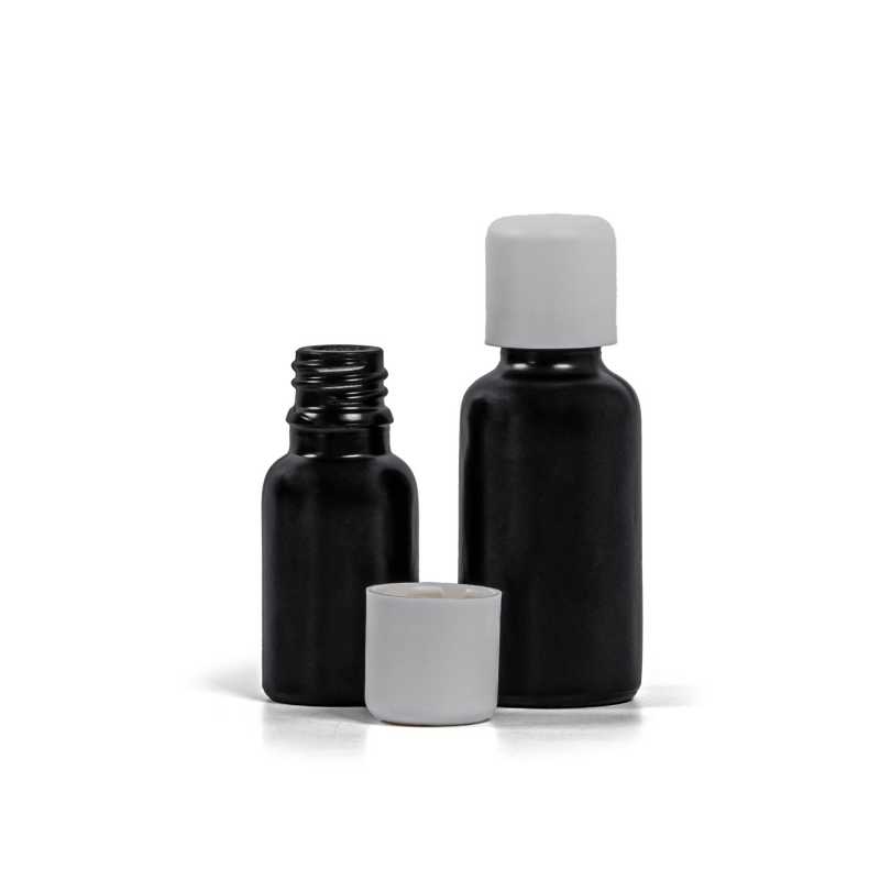 Flacon en verre noir mat, bouchon de sécurité blanc et compte-gouttes, 15 ml