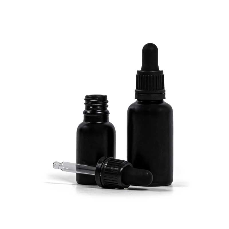 Flacon en verre noir mat, compte-gouttes noir inviolable, 30 ml