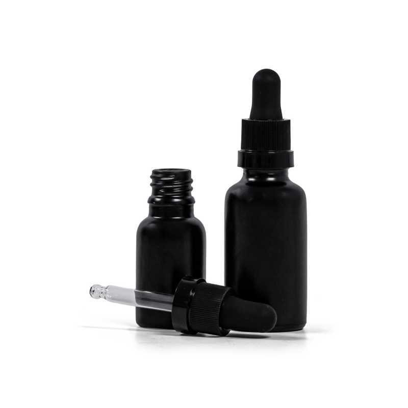 Flacon en verre noir mat, compte-gouttes noir mat avec bande brillante, 30 ml