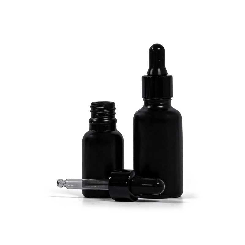 Flacon en verre noir mat, compte-gouttes noir brillant, 15 ml
