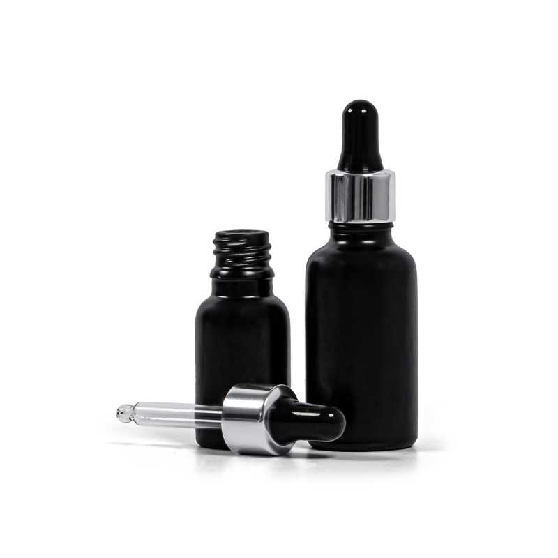 Flacon en verre noir mat, compte-gouttes noir argenté, 30 ml