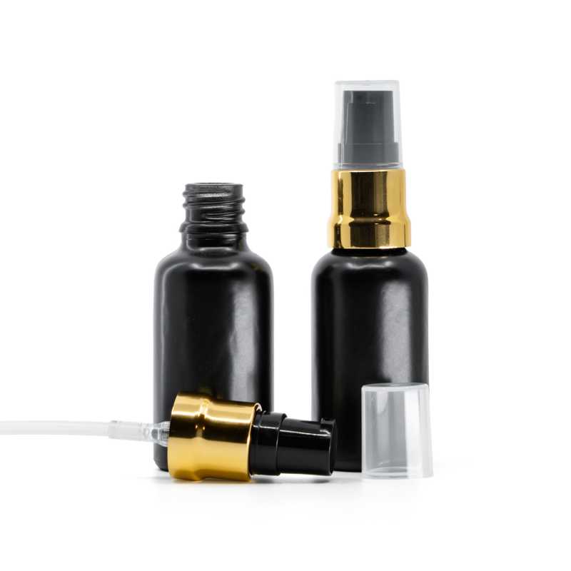 Flacon en verre noir mat, pompe noire dorée brillante avec bouchon transparent, 30 ml