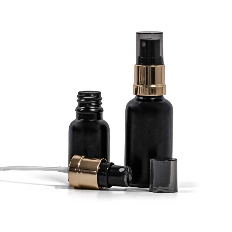 Flacon en verre noir mat, spray noir doré, capuchon fumé, 15 ml