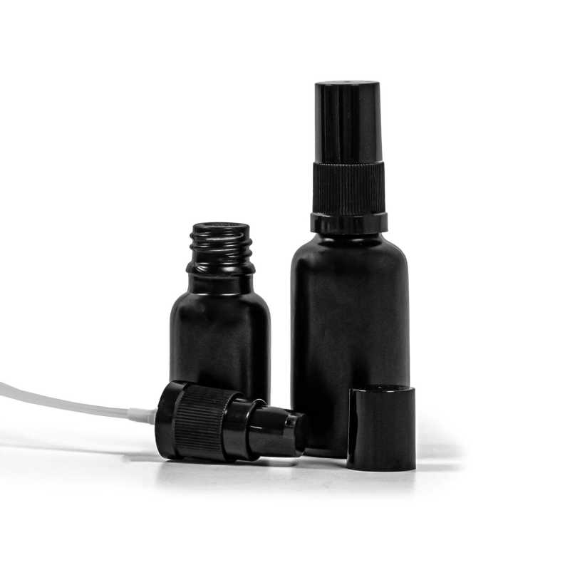 Flacon en verre noir mat, pompe à lotion avec bouchon noir, 15 ml