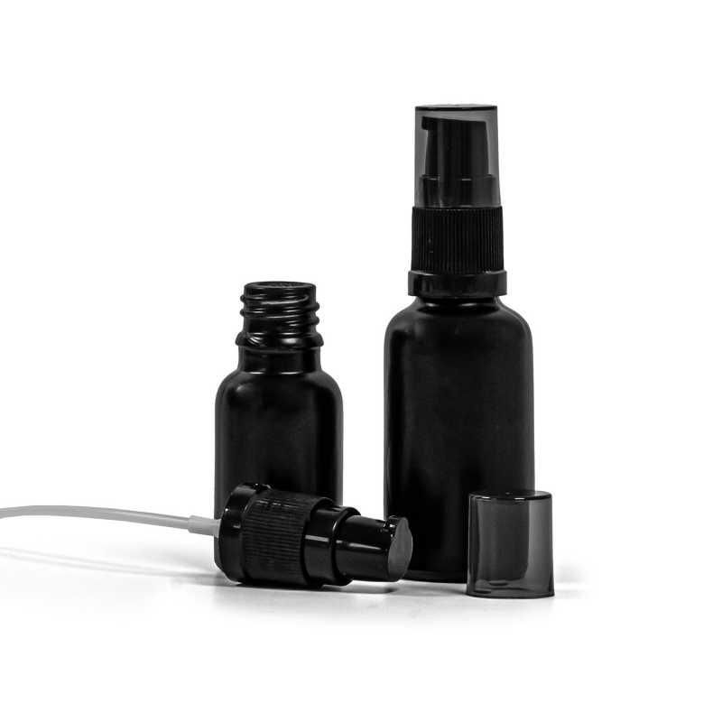 Flacon en verre noir mat, pompe à lotion avec bouchon fumé, 15 ml
