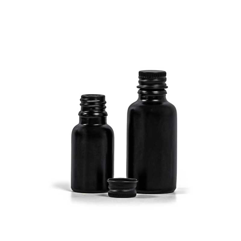 Bouteille en verre noir mat, bouchon en aluminium noir, 30 ml