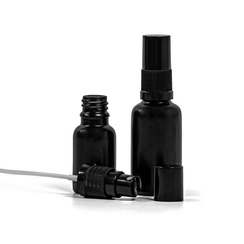 Flacon en verre noir mat, vaporisateur noir à fines gouttes, bouchon noir, 30 ml