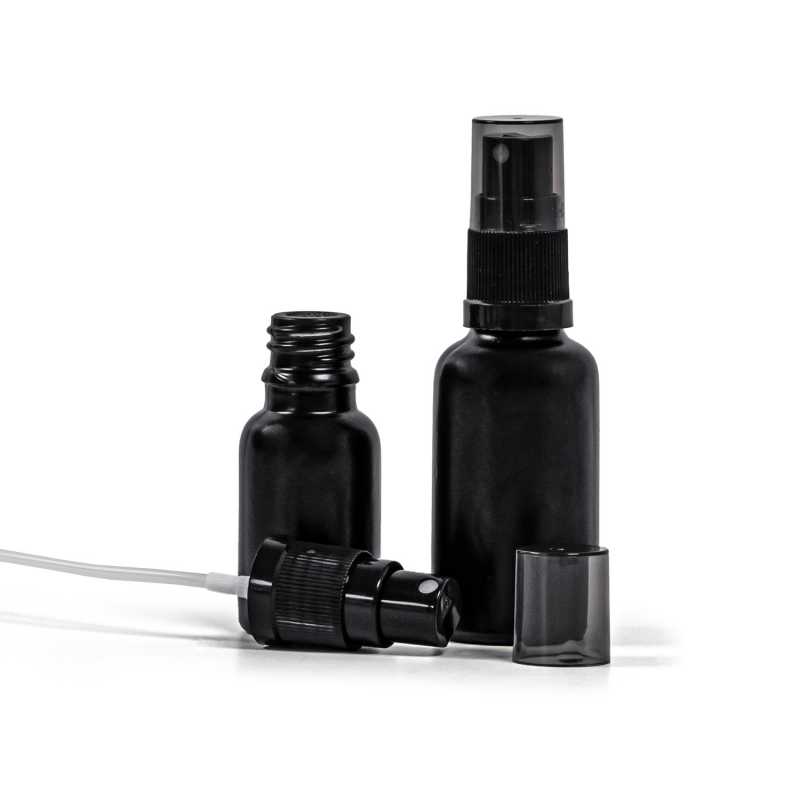 Flacon en verre noir mat, vaporisateur noir, bouchon fumé, 15 ml