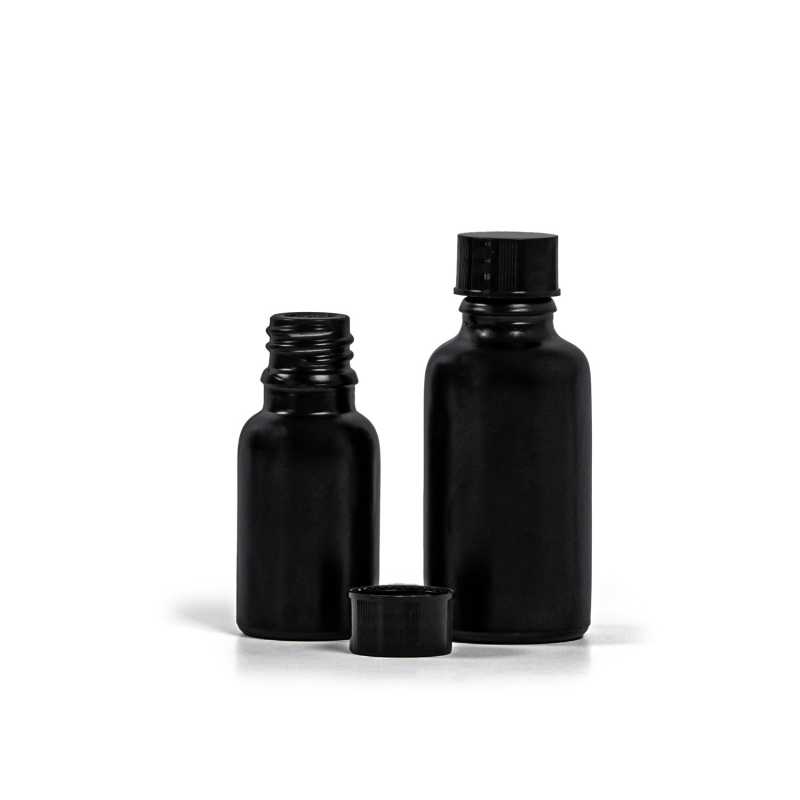 Bouteille en verre noir mat, bouchon noir, 30 ml