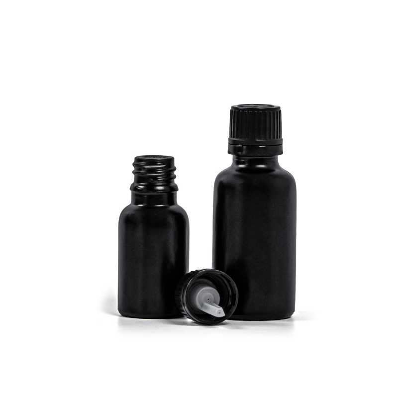 Flacon en verre noir mat, bouchon noir et compte-gouttes, 15 ml