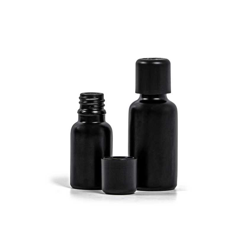Flacon en verre noir mat, bouchon de sécurité noir inviolable et compte-gouttes 30 ml