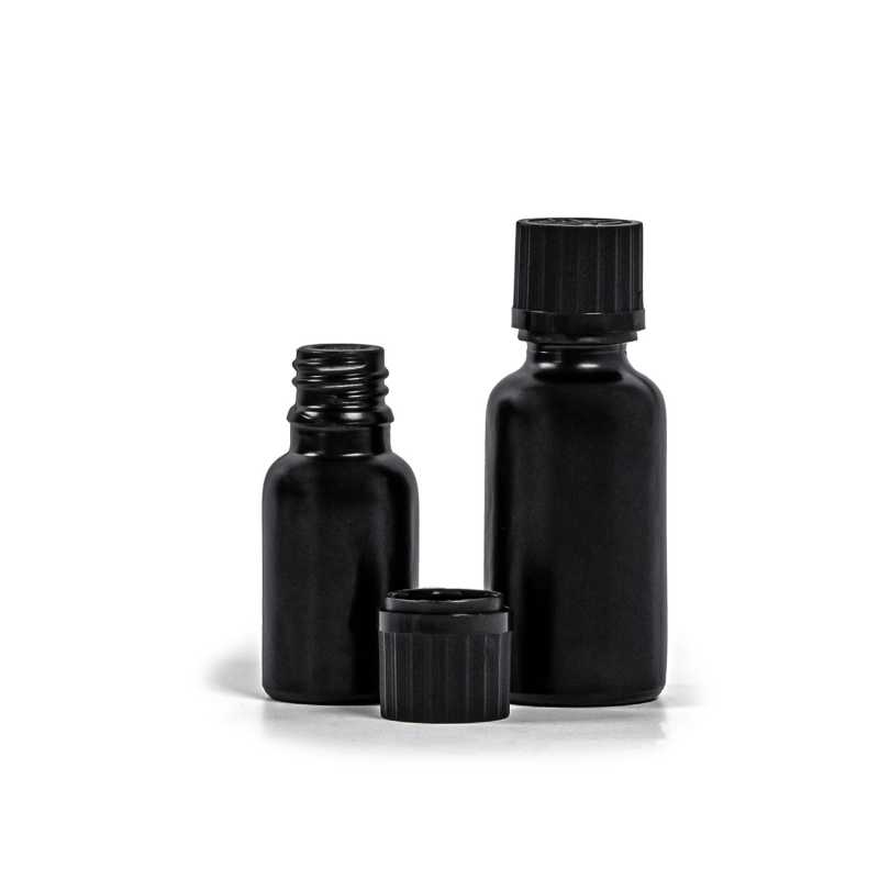 Flacon en verre noir mat, bouchon de sécurité noir et compte-gouttes 30 ml