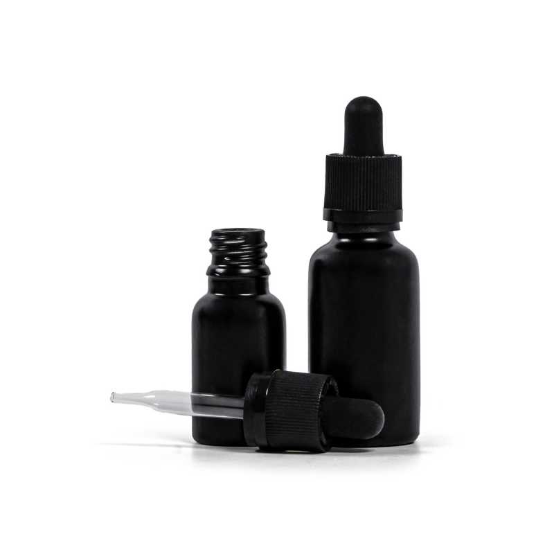 Flacon en verre noir mat, compte-gouttes de sécurité noir, 15 ml