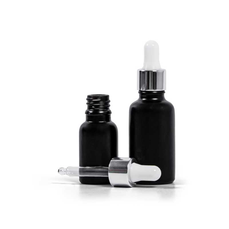 Flacon en verre noir mat, compte-gouttes blanc argenté brillant, 15 ml