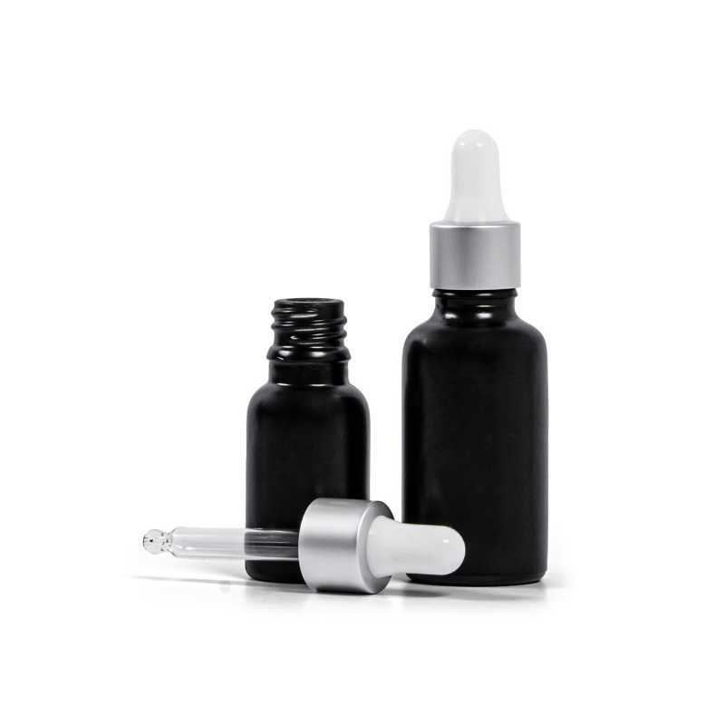 Flacon en verre noir mat, compte-gouttes argent mat, 15 ml