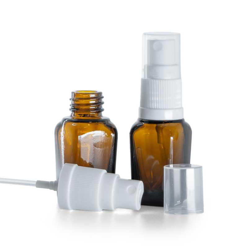 Flacon carré en verre ambré, spray blanc, 10 ml