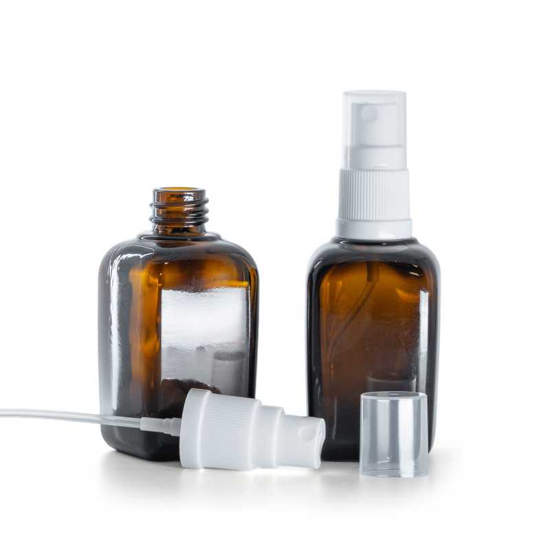 Fiole carrée en verre ambré, spray blanc, 45 ml