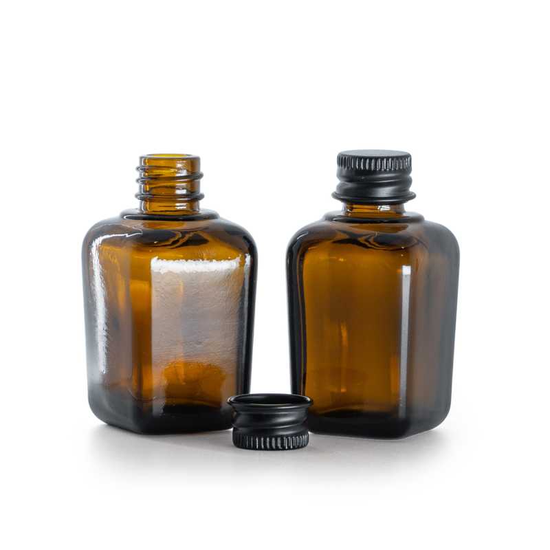 Bouteille carrée en verre ambré, bouchon en aluminium noir, 30 ml