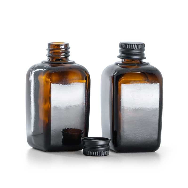 Bouteille carrée en verre ambré, bouchon en aluminium noir, 45 ml