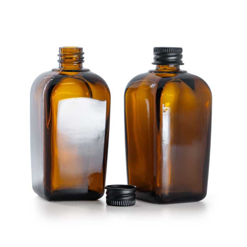 Bouteille carrée en verre ambré, bouchon en aluminium noir, 90 ml