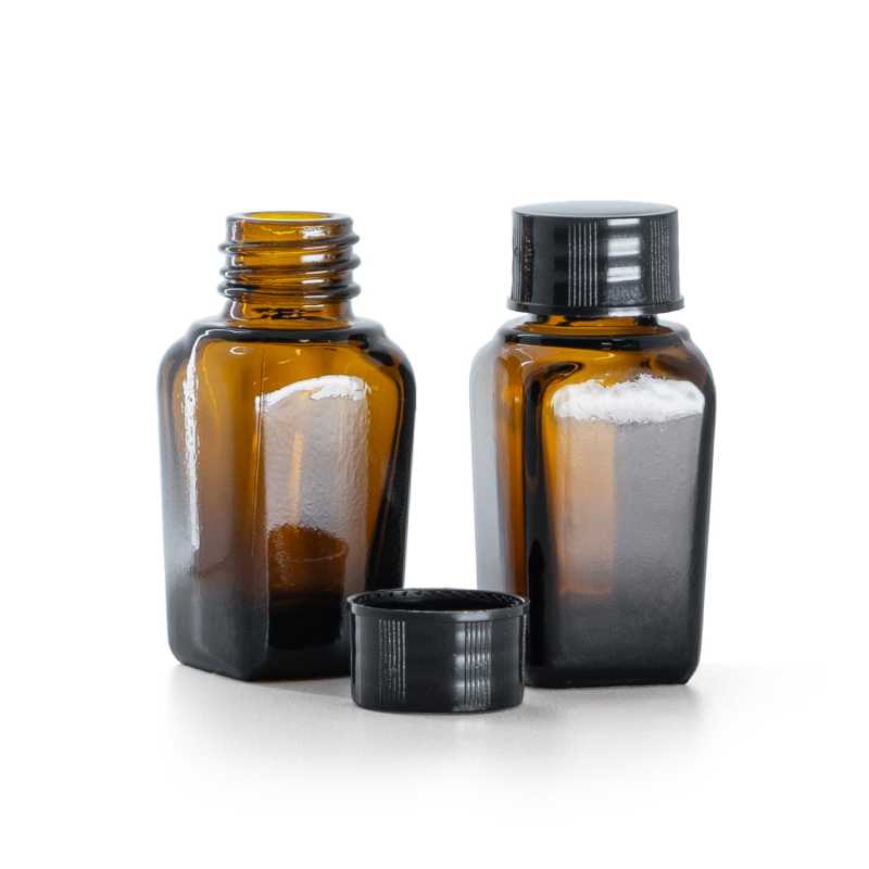Flacon carré en verre ambré, bouchon noir, 10 ml