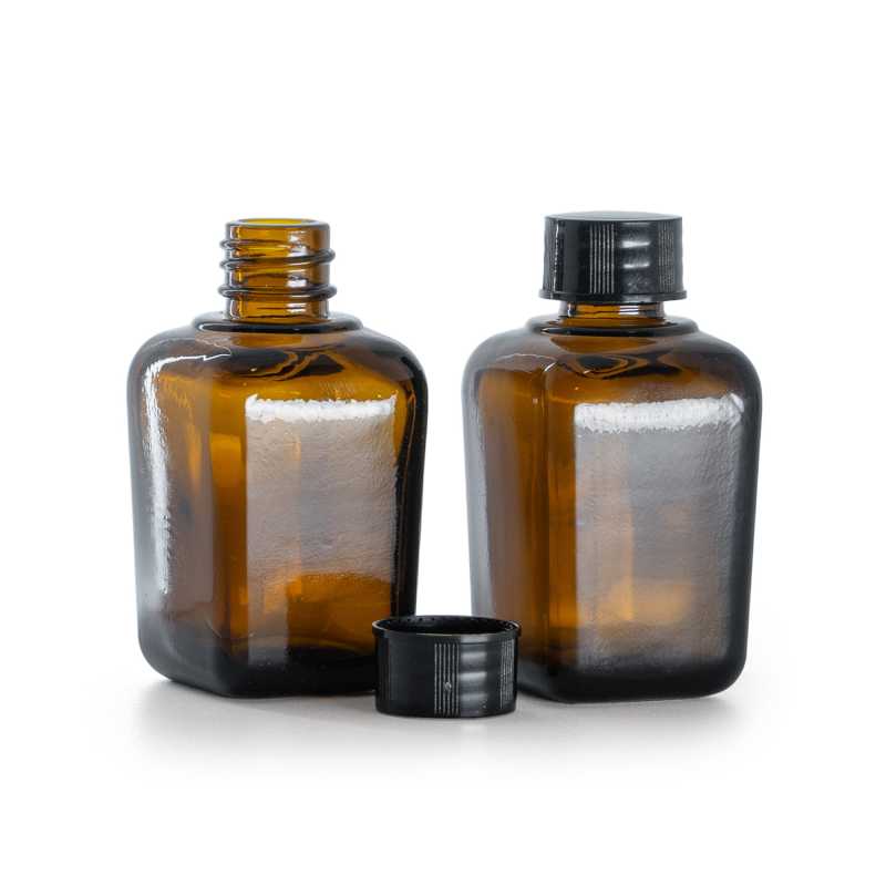 Bouteille carrée en verre ambré, bouchon noir, 30 ml