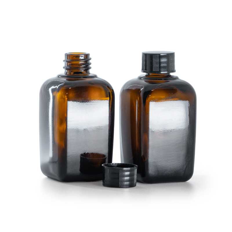 Bouteille carrée en verre ambré, bouchon noir, 45 ml