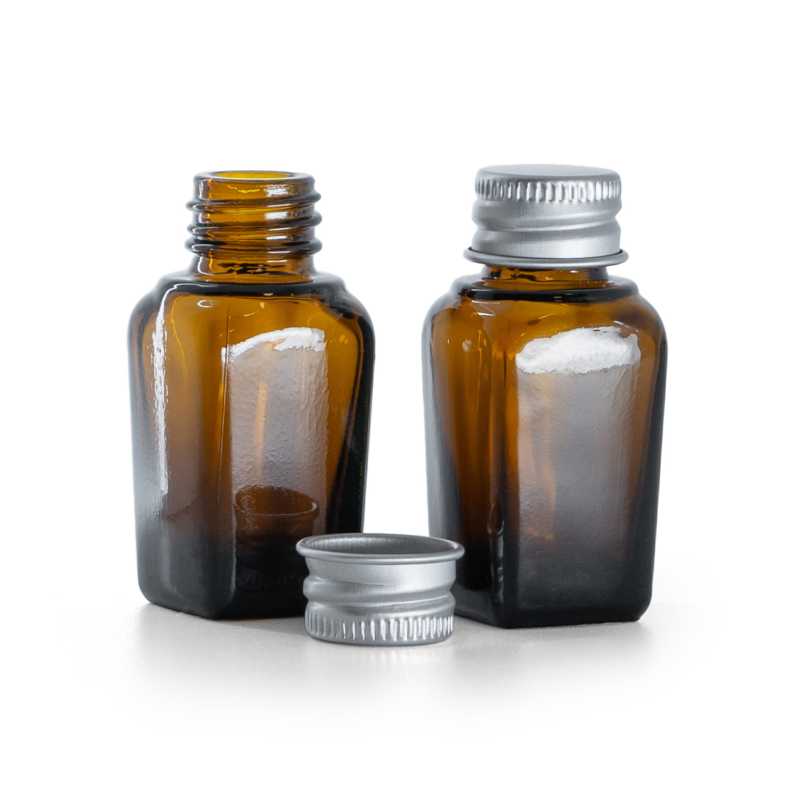 Flacon carré en verre ambré, bouchon en aluminium argenté, 10 ml