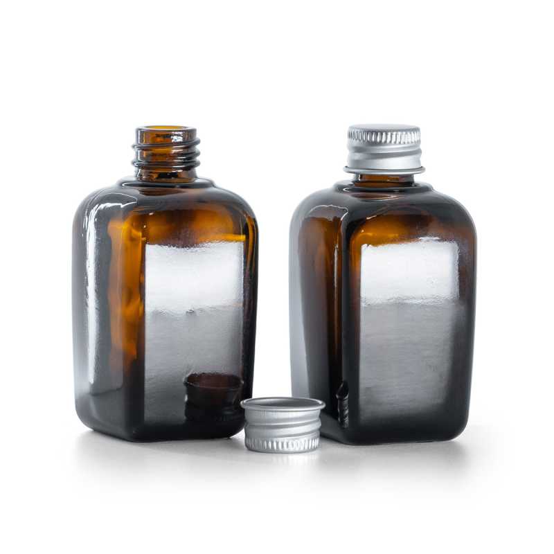Bouteille carrée en verre ambré, bouchon en aluminium argenté, 45 ml