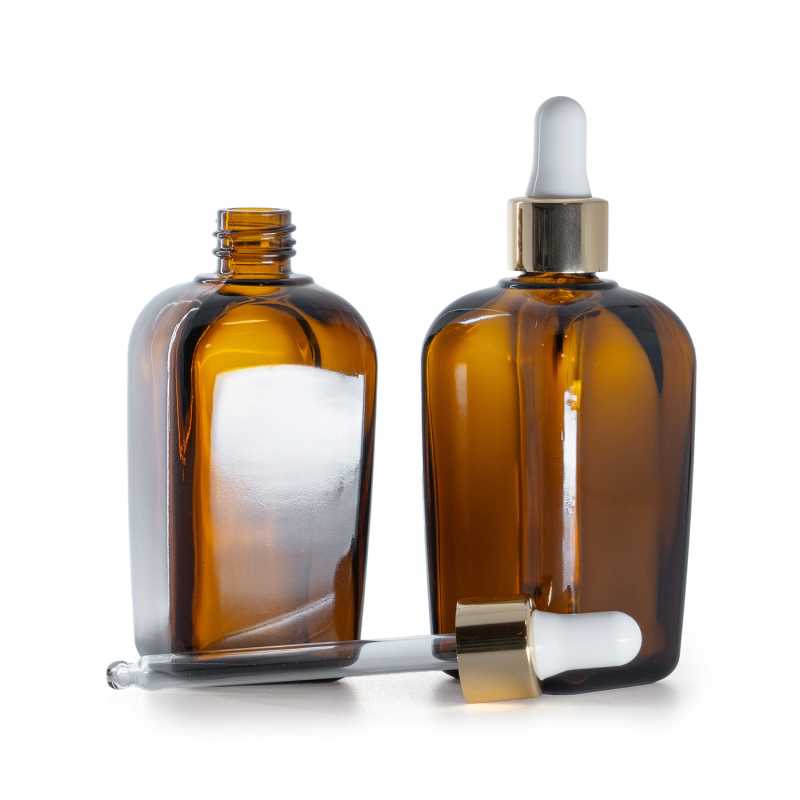 Bouteille carrée en verre ambré, compte-gouttes en or blanc, 90 ml