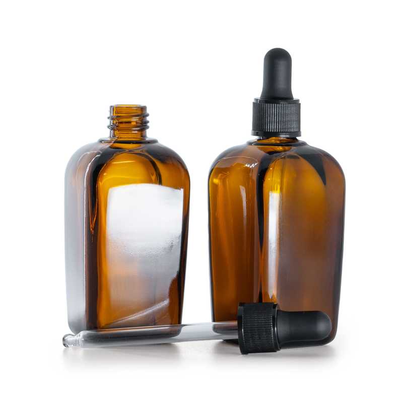 Bouteille carrée en verre ambré, compte-gouttes noir mat, 90 ml