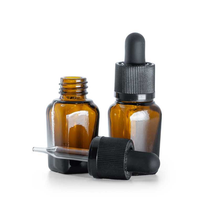 Flacon carré en verre ambré, compte-gouttes de sécurité noir, 10 ml
