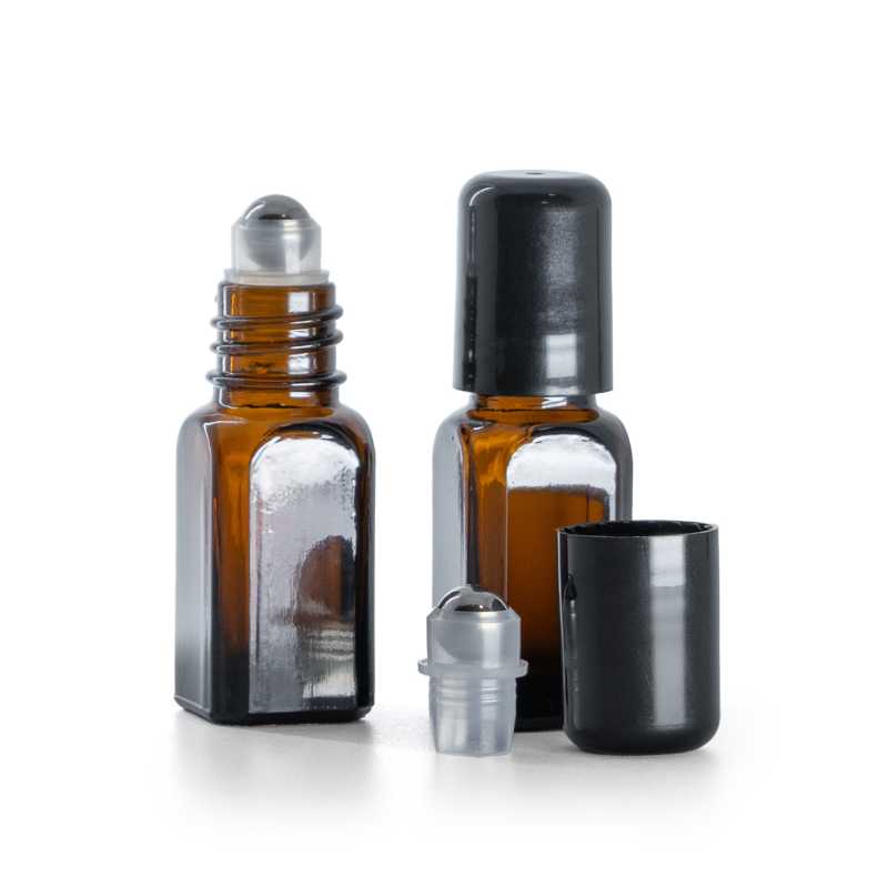 Flacon angulaire en verre ambré avec Roll-On, 10 ml