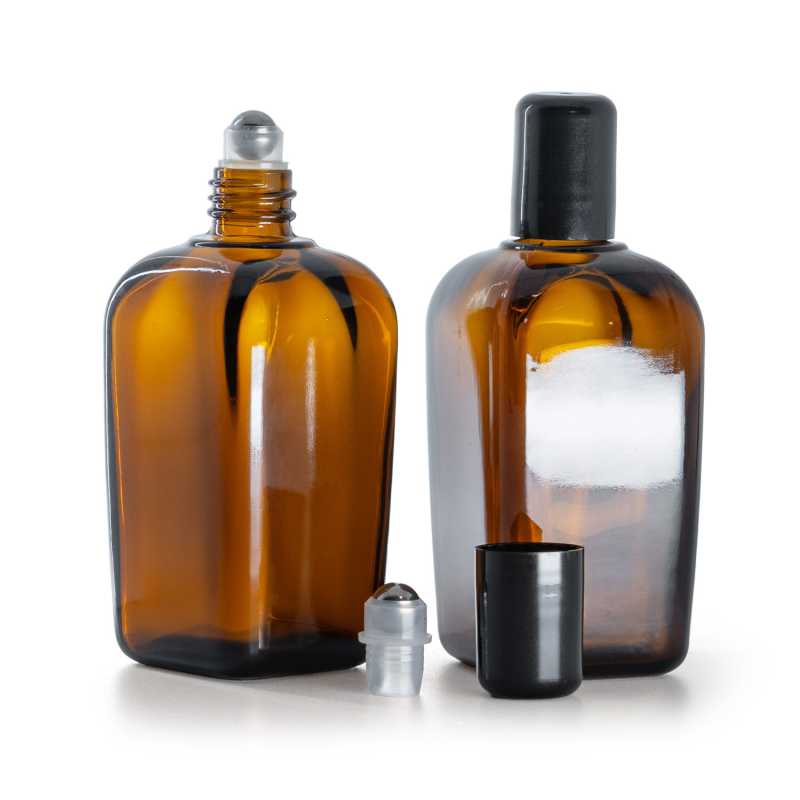 Flacon carré en verre ambré avec Roll-On, 90 ml