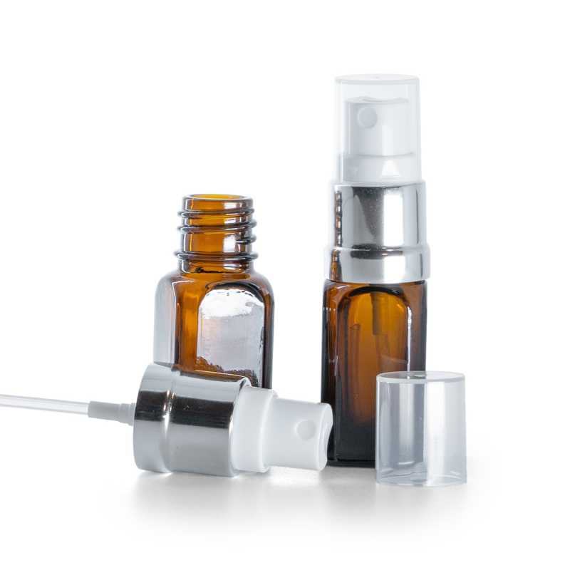 Flacon angulaire en verre ambré, spray blanc argenté brillant, 10 ml