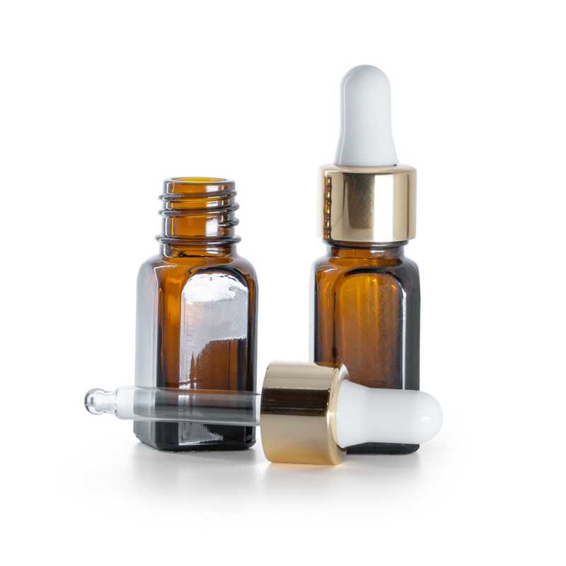 Flacon angulaire en verre ambré, compte-gouttes blanc doré, 10 ml