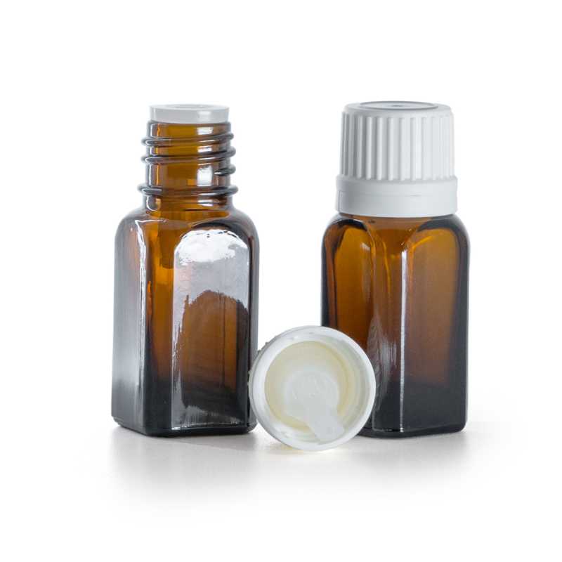 Flacon angulaire en verre ambré avec bouchon blanc inviolable et compte-gouttes, 10 ml