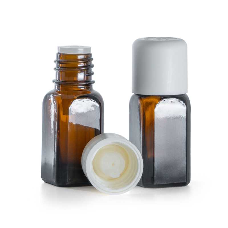 Flacon angulaire en verre ambré avec bouchon de sécurité blanc et compte-gouttes, 10 ml