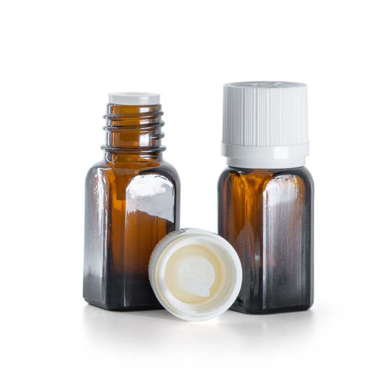 Flacon angulaire en verre ambré avec bouchon de sécurité blanc inviolable et compte-gouttes, 10 ml