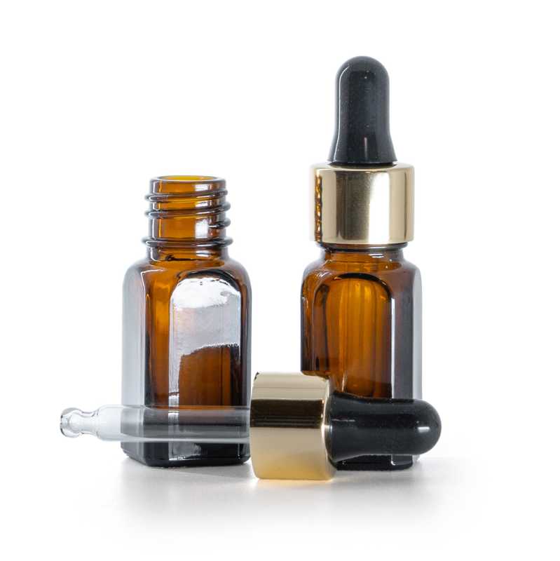 Flacon en verre angulaire droit, compte-gouttes noir et or, 10 ml