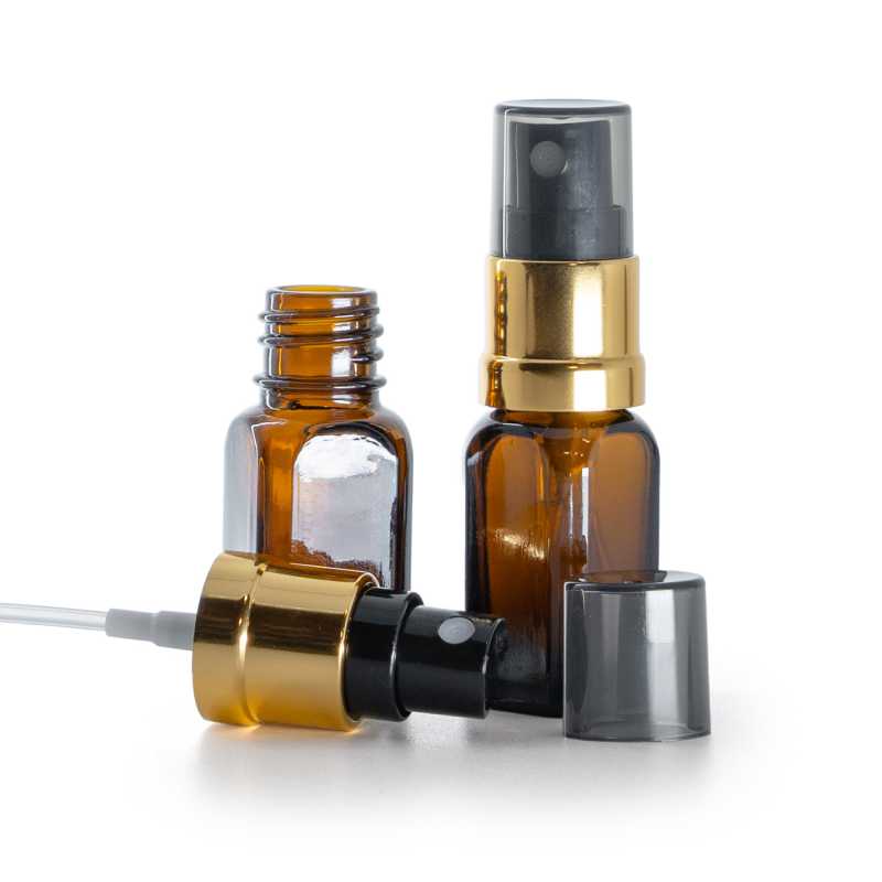 Flacon en verre carré avec pompe spray noir et or et capot fumé, 10 ml
