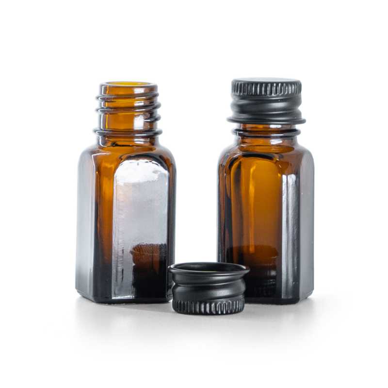 Flacon angulaire en verre ambré avec bouchon en aluminium noir, 10 ml