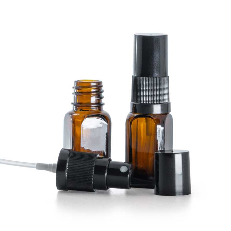 Flacon angulaire en verre ambré, vaporisateur noir pour brume fine, bouchon noir, 10 ml