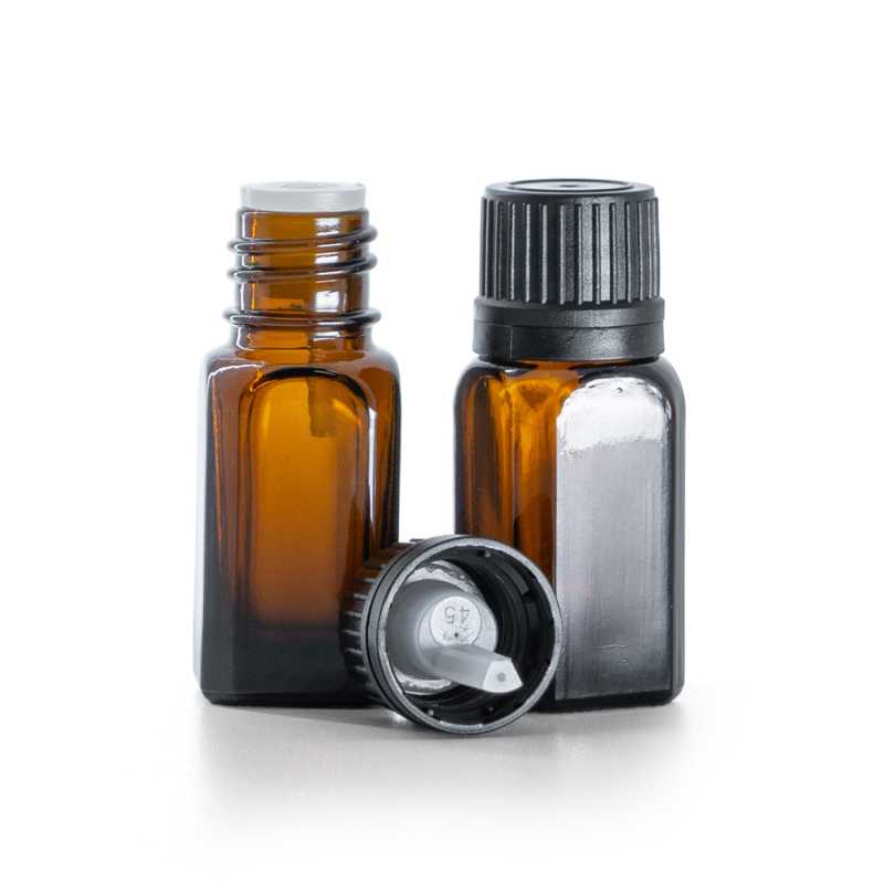 Flacon angulaire en verre ambré avec bouchon noir et compte-gouttes 10 ml