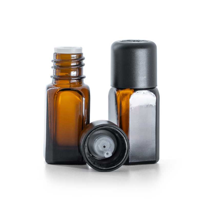 Flacon angulaire en verre ambré avec bouchon de sécurité noir inviolable et compte-gouttes 10 ml