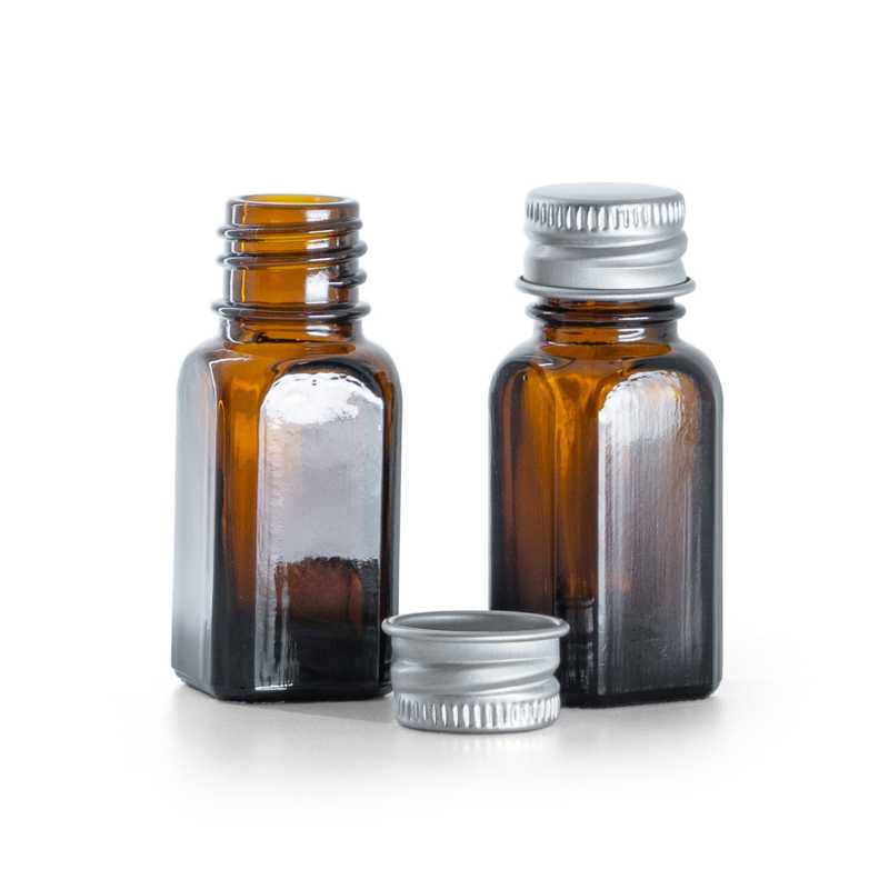 Flacon angulaire en verre ambré avec bouchon en aluminium argenté, 10 ml