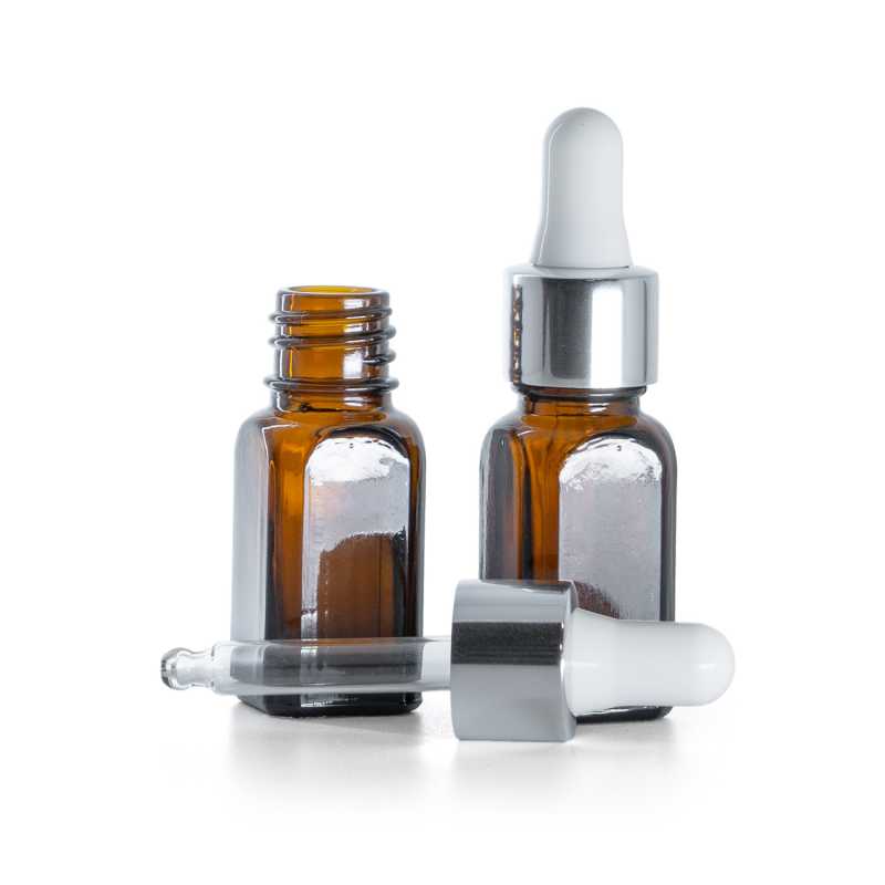 Flacon en verre angulaire avec compte-gouttes argenté brillant, 10 ml