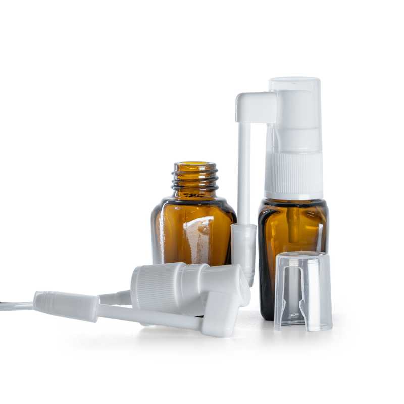 Flacon carré en verre ambré, spray oral blanc, 10 ml